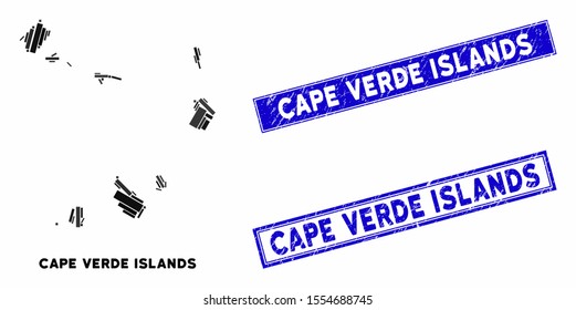 Mosaic Cape Verde Islands map and rectangle stamps. Flat vector Cape Verde Islands map mosaic of random rotated rectangle items. Blue caption rubber seals with rubber textures.