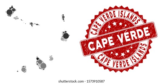 Mosaic Cape Verde Islands map and circle seal stamp. Flat vector Cape Verde Islands map mosaic of randomized circle items. Red rubber stamp with rubber surface.