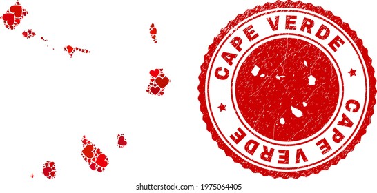 Mosaic Cape Verde Islands map created with red love hearts, and grunge badge. Vector lovely round red rubber badge imitation with Cape Verde Islands map inside.