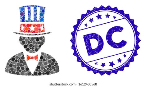Mosaic capitalist icon and grunge stamp seal with DC caption. Mosaic vector is composed with capitalist icon and with randomized circle elements. DC stamp seal uses blue color, and grunge design.