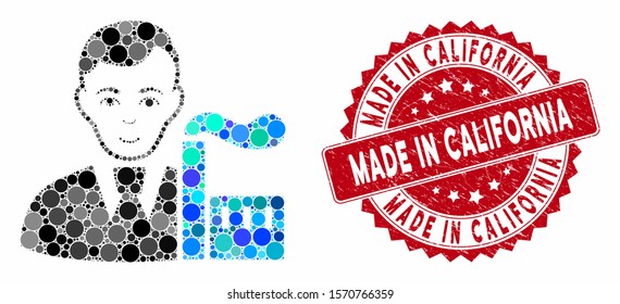Mosaic capitalist oligarch and corroded stamp seal with Made in California text. Mosaic vector is composed with capitalist oligarch icon and with scattered circle elements.