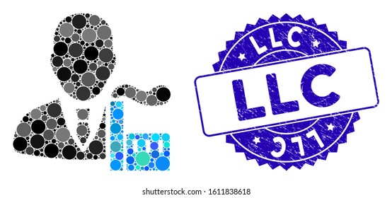 Mosaic capitalist oligarch icon and corroded stamp seal with Llc text. Mosaic vector is formed with capitalist oligarch icon and with random circle spots. Llc stamp seal uses blue color,