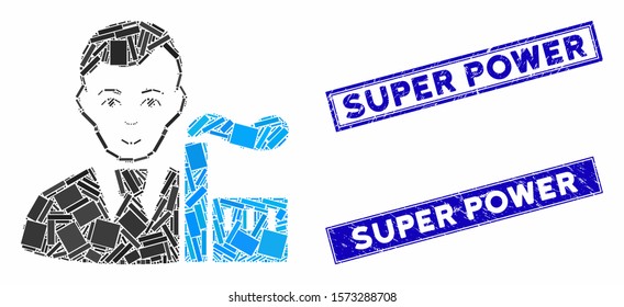 Mosaic capitalist oligarch icon and rectangular Super Power seals. Flat vector capitalist oligarch mosaic icon of randomized rotated rectangular elements.