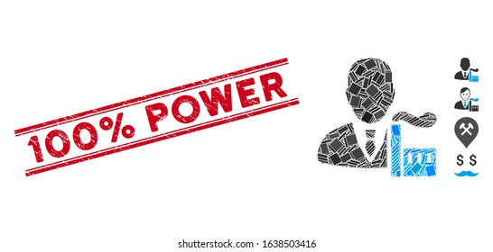 Mosaic capitalist oligarch icon and red 100% Power rubber print between double parallel lines. Flat vector capitalist oligarch mosaic pictogram of random rotated rectangular elements.