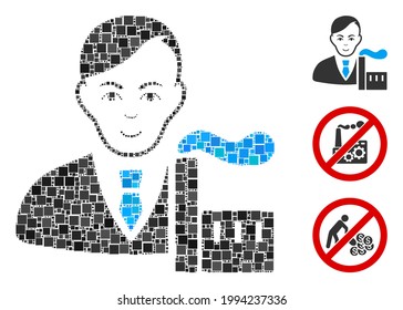Mosaic Capitalist oligarch icon united from square elements in different sizes and color hues. Vector square elements are united into abstract collage capitalist oligarch icon. Bonus icons are added.