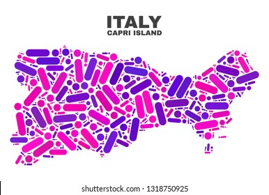 Mosaic Capri Island map isolated on a white background. Vector geographic abstraction in pink and violet colors. Mosaic of Capri Island map combined of scattered round dots and lines.