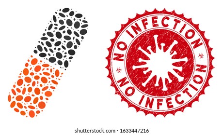 Mosaic capsule icon and red round rubber stamp watermark with No Infection caption and coronavirus symbol. Mosaic vector is designed with capsule icon and with random ellipse elements.