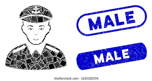 Mosaic captain and distressed stamp seals with Male caption. Mosaic vector captain is created with random rectangle items. Male stamp seals use blue color, and have round rectangle shape.