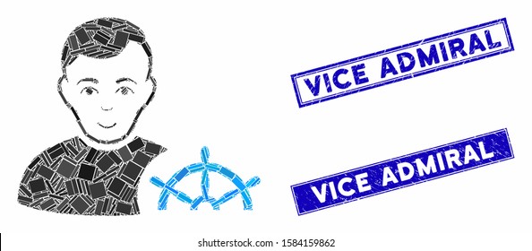 Mosaic captain icon and rectangular Vice Admiral seal stamps. Flat vector captain mosaic icon of random rotated rectangular elements. Blue Vice Admiral stamps with distress texture.