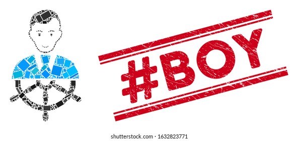 Mosaic captain icon and red #Boy seal stamp between double parallel lines. Flat vector captain mosaic icon of randomized rotated rectangle items. Red #Boy stamp imprint with distress surface.