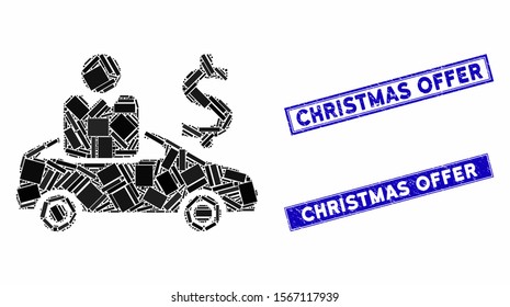 Mosaic car buyer pictogram and rectangle seal stamps. Flat vector car buyer mosaic pictogram of randomized rotated rectangle items. Blue caption watermarks with grunge texture.