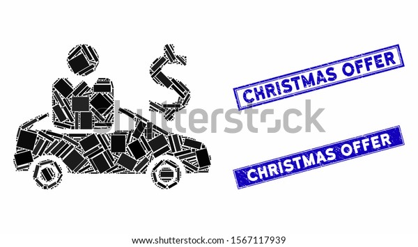Mosaic car buyer\
pictogram and rectangle seal stamps. Flat vector car buyer mosaic\
pictogram of randomized rotated rectangle items. Blue caption\
watermarks with grunge\
texture.