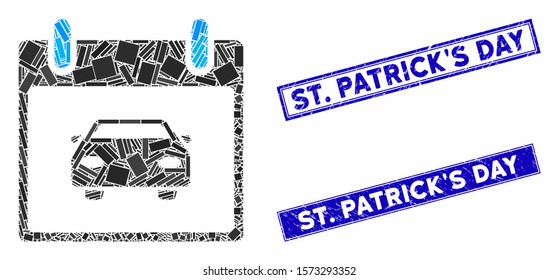 Mosaic car calendar day pictogram and rectangular St. Patrick'S Day seal stamps. Flat vector car calendar day mosaic pictogram of random rotated rectangular items. Blue St.