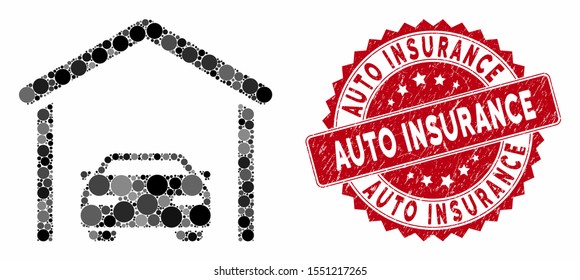 Mosaic car garage and corroded stamp seal with Auto Insurance caption. Mosaic vector is composed with car garage icon and with scattered circle elements. Auto Insurance seal uses red color,