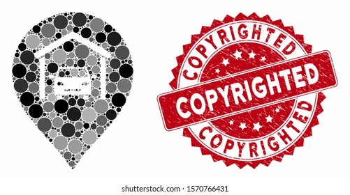Mosaic car garage marker and distressed stamp seal with Copyrighted text. Mosaic vector is created from car garage marker icon and with random circle elements. Copyrighted stamp seal uses red color,
