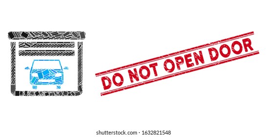 Mosaic car garage open icon and red Do Not Open Door seal stamp between double parallel lines. Flat vector car garage open mosaic icon of randomized rotated rectangular elements.