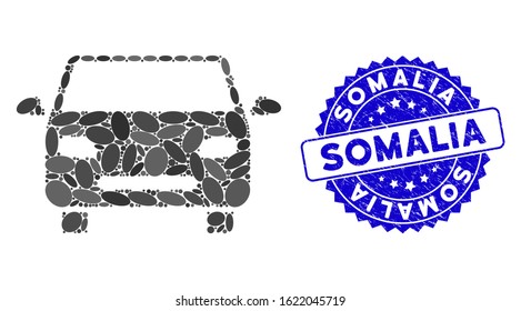 Mosaic car icon and rubber stamp watermark with Somalia phrase. Mosaic vector is created with car icon and with scattered elliptic elements. Somalia stamp uses blue color, and dirty design.