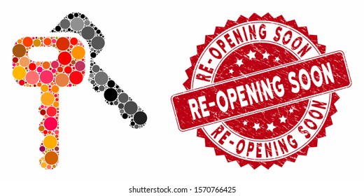 Mosaic car keys and rubber stamp watermark with Re-Opening Soon caption. Mosaic vector is formed with car keys icon and with scattered spheric elements. Re-Opening Soon stamp uses red color,