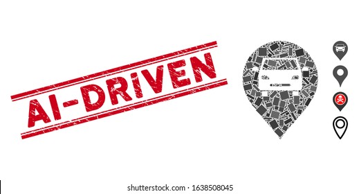 Mosaic car map marker icon and red Ai-Driven seal stamp between double parallel lines. Flat vector car map marker mosaic icon of scattered rotated rectangle elements.