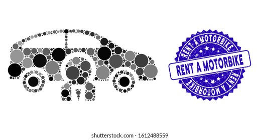 Mosaic car owner icon and distressed stamp seal with Rent a Motorbike phrase. Mosaic vector is created with car owner icon and with random round elements. Rent a Motorbike stamp seal uses blue color,