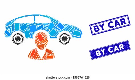 Mosaic car owner icon and rectangle stamps. Flat vector car owner mosaic pictogram of scattered rotated rectangle items. Blue caption rubber stamps with scratched surface.