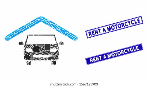Mosaic car roof icon and rectangular watermarks. Flat vector car roof mosaic icon of randomized rotated rectangular items. Blue caption watermarks with dirty texture.