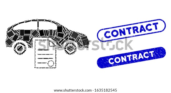 Mosaic car sale\
contract and corroded stamp seals with Contract text. Mosaic vector\
car sale contract is formed with random rectangle items. Contract\
seals use blue color,