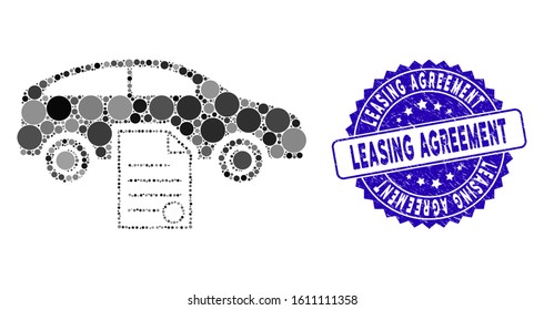 Mosaic car sale contract icon and distressed stamp seal with Leasing Agreement text. Mosaic vector is composed with car sale contract icon and with random spheric items.