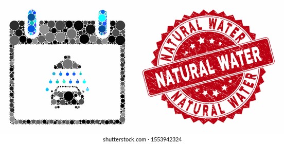 Mosaic car shower calendar day and rubber stamp seal with Natural Water phrase. Mosaic vector is created from car shower calendar day icon and with randomized round items.