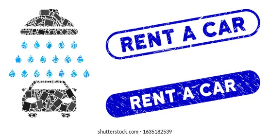 Mosaic car shower and grunge stamp seals with Rent a Car caption. Mosaic vector car shower is formed with randomized rectangle items. Rent a Car stamp seals use blue color,