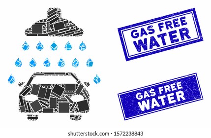 Mosaic car shower icon and rectangle Gas Free Water stamps. Flat vector car shower mosaic icon of randomized rotated rectangular elements. Blue Gas Free Water seal stamps with distress texture.