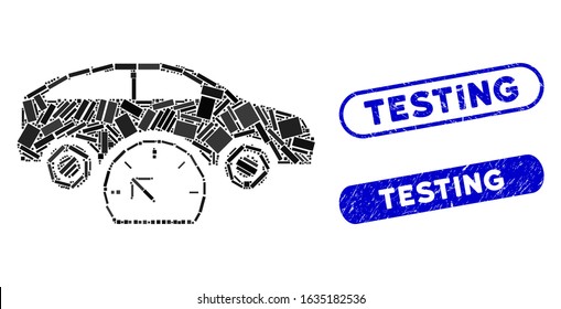 Mosaic car testing and distressed stamp seals with Testing phrase. Mosaic vector car testing is formed with random rectangle items. Testing seals use blue color, and have round rectangle shape.