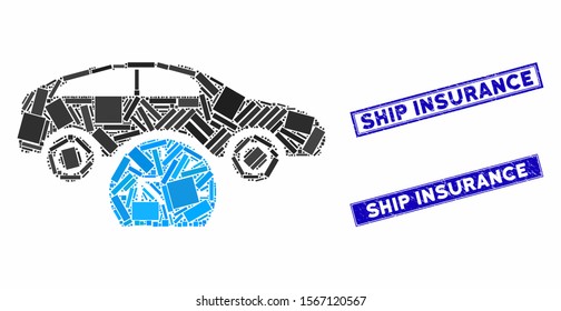 Mosaic car testing icon and rectangle seal stamps. Flat vector car testing mosaic icon of scattered rotated rectangle items. Blue caption stamps with grunge texture.