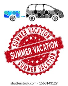 Mosaic car trailer and rubber stamp seal with Summer Vacation caption. Mosaic vector is formed with car trailer icon and with randomized spheric items. Summer Vacation stamp uses red color,