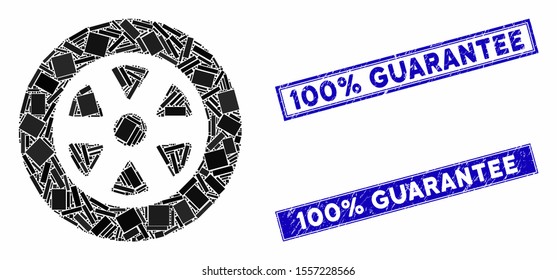 Mosaic car wheel icon and rectangle seal stamps. Flat vector car wheel mosaic icon of scattered rotated rectangle elements. Blue caption stamps with dirty textures.