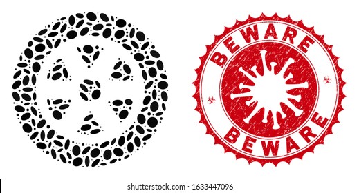 Mosaic car wheel icon and red round grunge stamp seal with Beware caption and coronavirus symbol. Mosaic vector is composed with car wheel icon and with randomized oval elements.