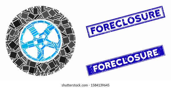 Mosaic car wheel pictogram and rectangle Foreclosure rubber prints. Flat vector car wheel mosaic pictogram of random rotated rectangular elements. Blue Foreclosure rubber stamps with rubber textures.
