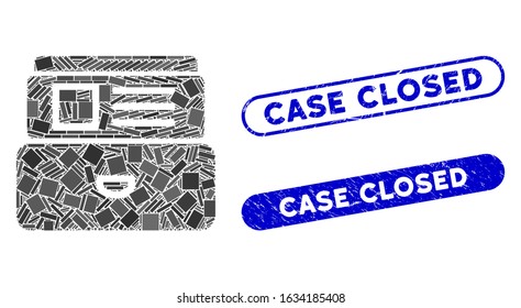 Mosaic card index and corroded stamp seals with Case Closed caption. Mosaic vector card index is formed with random rectangle items. Case Closed stamp seals use blue color,