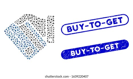 Mosaic card payment and grunge stamp seals with Buy-To-Get caption. Mosaic vector card payment is designed with randomized ellipse dots. Buy-To-Get stamp seals use blue color,