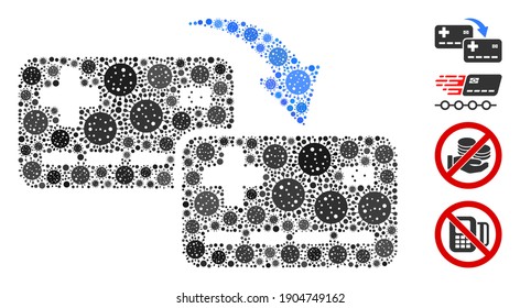 Mosaic card to card transfer designed from SARS virus icons in different sizes and color hues. Vector viral icons are composed into abstract mosaic card to card transfer icon.
