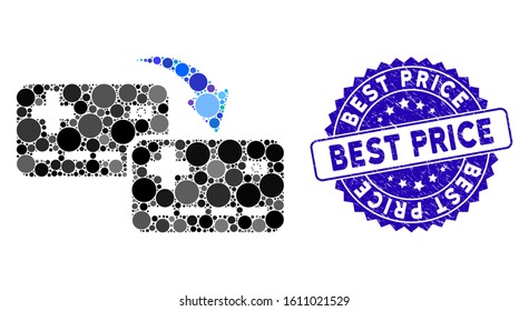 Mosaic card to card transfer icon and distressed stamp seal with Best Price text. Mosaic vector is designed with card to card transfer icon and with randomized round items.
