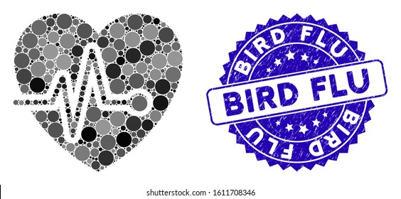 Mosaic cardio pulse icon and grunge stamp watermark with Bird Flu caption. Mosaic vector is designed with cardio pulse icon and with randomized round items. Bird Flu stamp uses blue color,