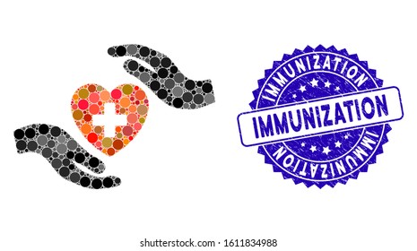 Mosaic cardiology care hands icon and corroded stamp watermark with Immunization phrase. Mosaic vector is created with cardiology care hands icon and with randomized spheric items.