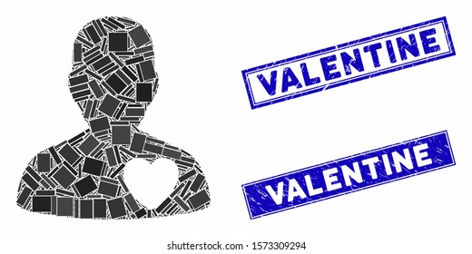 Mosaic cardiology patient icon and rectangular Valentine seals. Flat vector cardiology patient mosaic icon of random rotated rectangular items. Blue Valentine stamps with grunged texture.