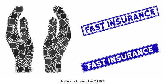 Mosaic care hands pictogram and rectangle seals. Flat vector care hands mosaic pictogram of scattered rotated rectangle elements. Blue caption seals with distress texture.