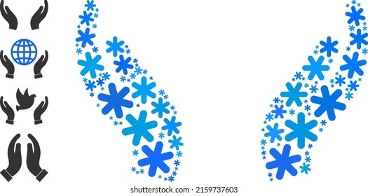 Mosaic care palms icon is designed for winter, New Year, Christmas. Care palms icon mosaic is made of light blue snow icons. Some similar icons are added.