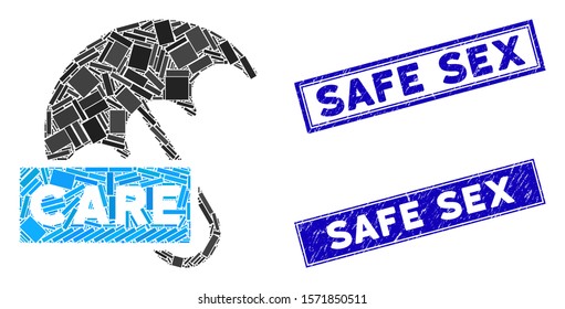 Mosaic care umbrella icon and rectangular Safe Sex seals. Flat vector care umbrella mosaic icon of randomized rotated rectangular elements. Blue Safe Sex seals with distress textures.