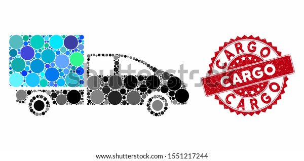 Mosaic cargo and
distressed stamp seal with Cargo caption. Mosaic vector is composed
with cargo icon and with random circle elements. Cargo seal uses
red color, and dirty
design.