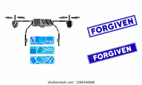 Mosaic cargo drone pictogram and rectangle Forgiven seal stamps. Flat vector cargo drone mosaic pictogram of random rotated rectangular elements. Blue Forgiven seal stamps with grunge surface.