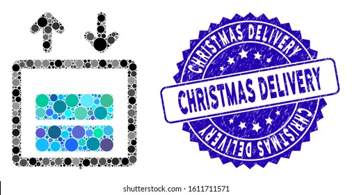 Mosaic cargo elevator icon and distressed stamp seal with Christmas Delivery phrase. Mosaic vector is formed with cargo elevator icon and with randomized spheric elements.